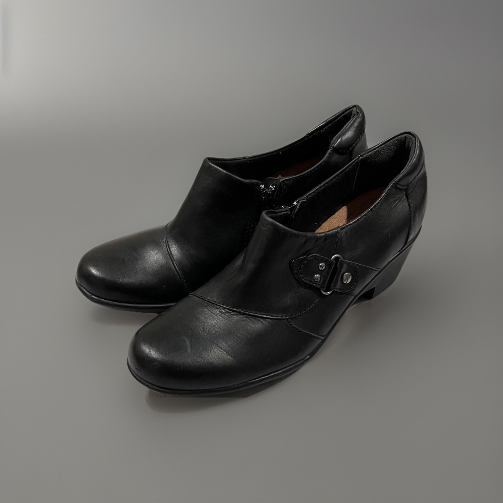 Clarks Womens Black Leather Booties Buckle Strap Slip On Wedge Comfort Size 8